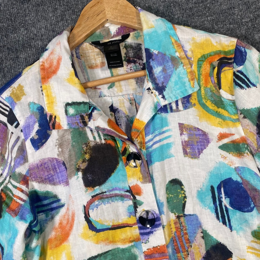 Ali Miles Button Down Tunic Womens Medium Abstract Art Linen Blend Lagenlook